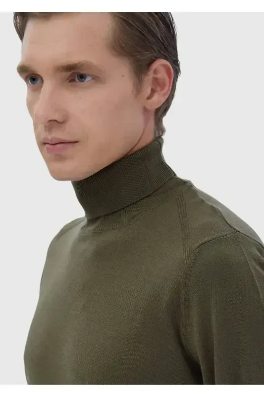 Khaki Full Fisherman Ribbed Knitted Wool Blend Sweater - 4