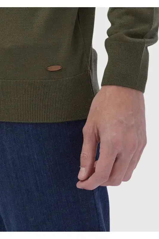 Khaki Full Fisherman Ribbed Knitted Wool Blend Sweater - 5