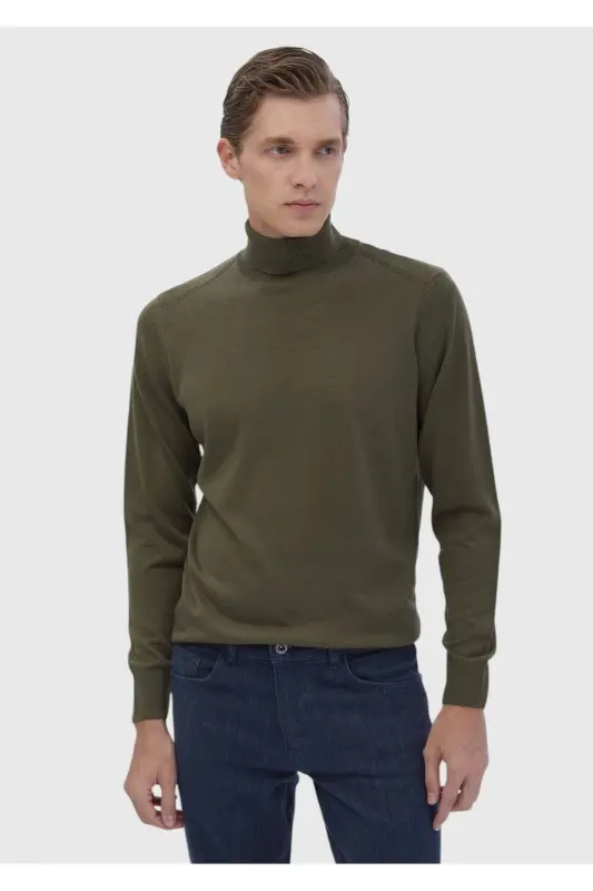 Khaki Full Fisherman Ribbed Knitted Wool Blend Sweater - RAMSEY