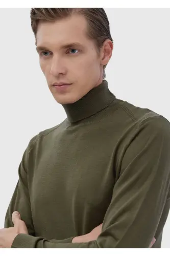 Khaki Full Fisherman Ribbed Knitted Wool Blend Sweater - 3