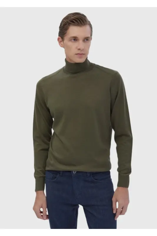 Khaki Full Fisherman Ribbed Knitted Wool Blend Sweater - 1