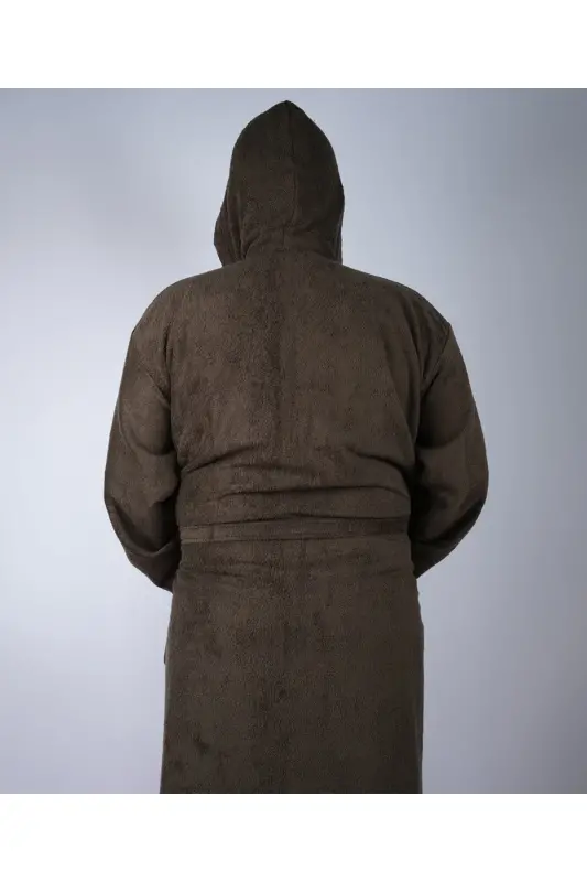 Khaki Green Colored 100% Cotton Boucle Hooded Model Bathrobe (S-M-L-XL-2XL-3XL-4XL) Plus Size-Khaki Green - 4