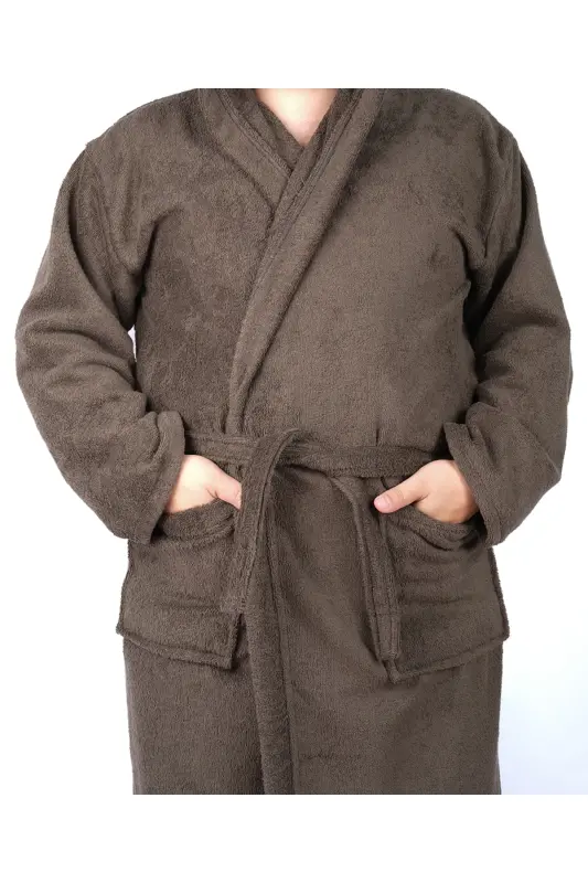 Khaki Green Colored 100% Cotton Boucle Hooded Model Bathrobe (S-M-L-XL-2XL-3XL-4XL) Plus Size-Khaki Green - 5