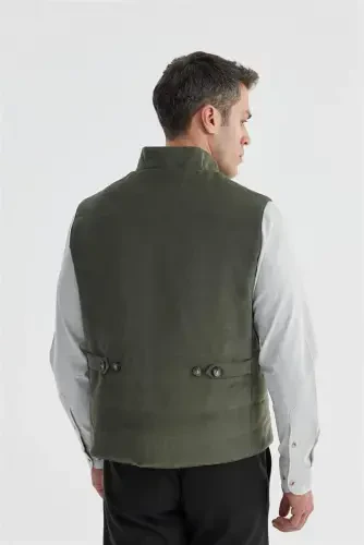 Khaki Hakim Collar Double-Sided Slim Fit Vest - 4
