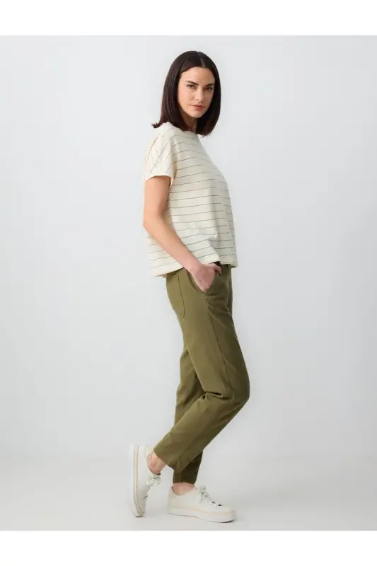 Khaki High Waisted Elastic Waist Linen Pants - 3