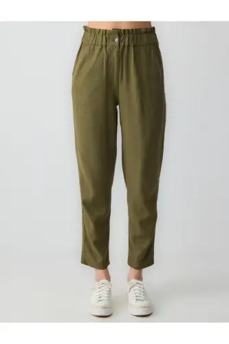 Khaki High Waisted Elastic Waist Linen Pants - 4
