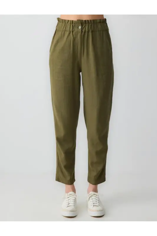 Khaki High Waisted Elastic Waist Linen Pants - 4