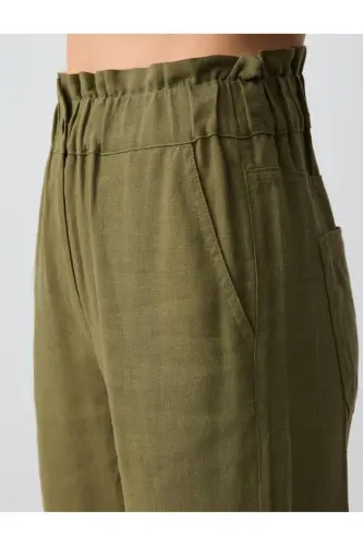 Khaki High Waisted Elastic Waist Linen Pants - 5
