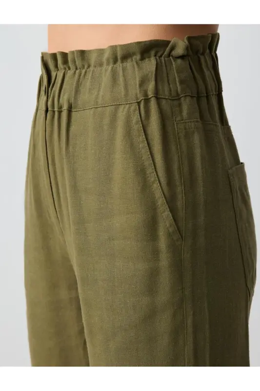 Khaki High Waisted Elastic Waist Linen Pants - 5