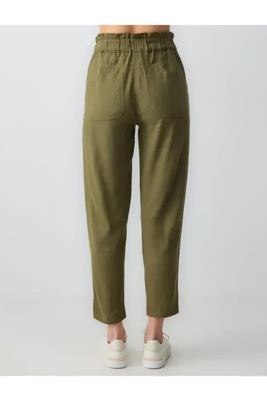 Khaki High Waisted Elastic Waist Linen Pants - 6