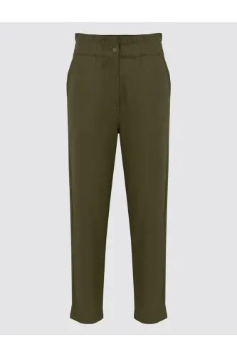 Khaki High Waisted Elastic Waist Linen Pants - 7