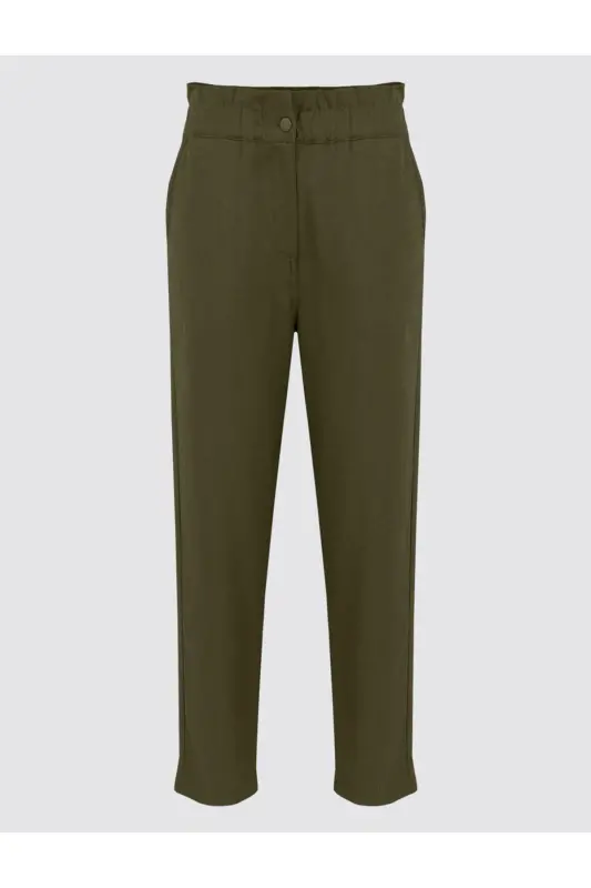 Khaki High Waisted Elastic Waist Linen Pants - 7