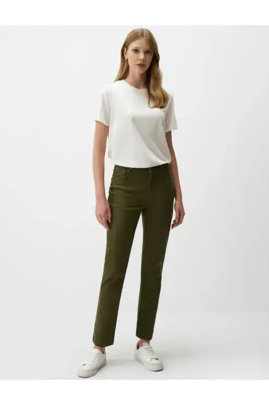Khaki High Waisted Straight Leg Denim Pants - 1