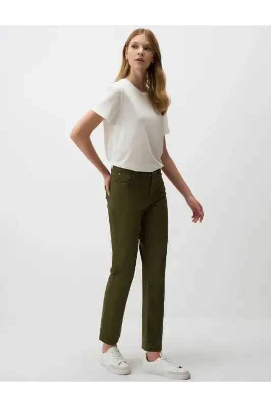 Khaki High Waisted Straight Leg Denim Pants - 2