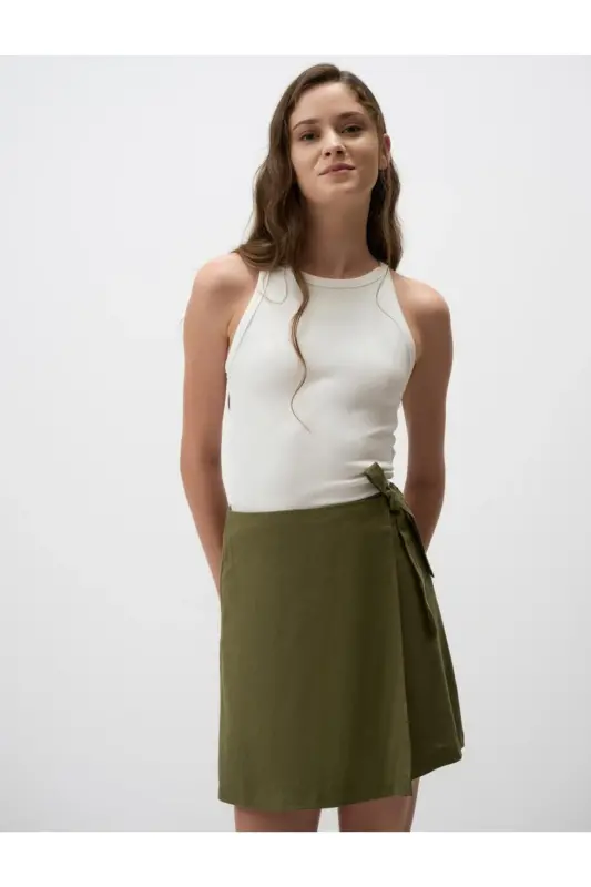 Khaki High Waisted Tie Waist Linen Skirt - 1