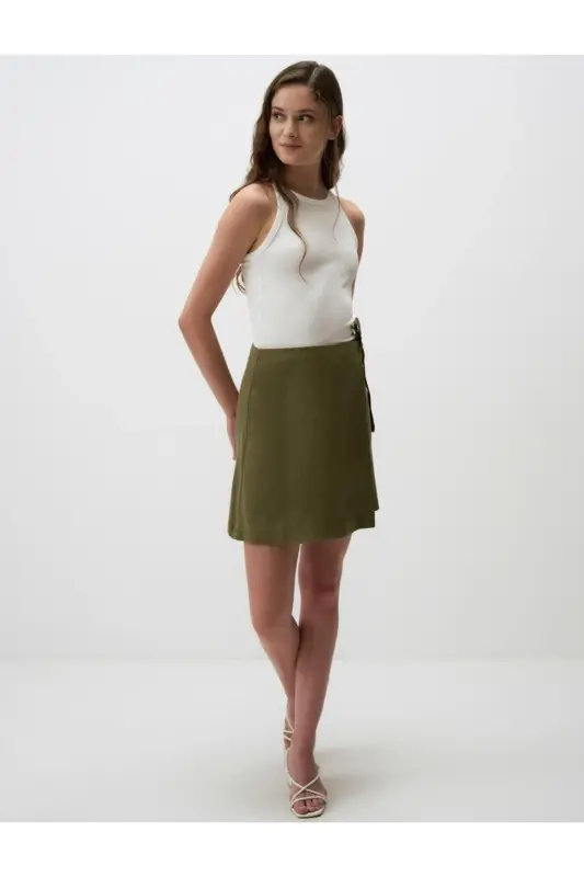 Khaki High Waisted Tie Waist Linen Skirt - 2