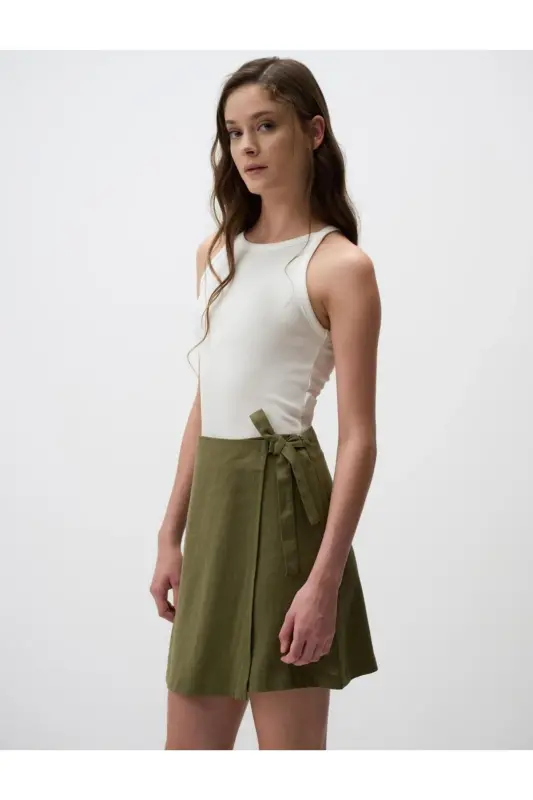 Khaki High Waisted Tie Waist Linen Skirt - 3