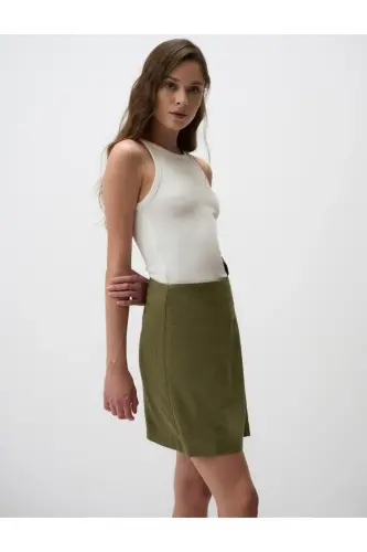 Khaki High Waisted Tie Waist Linen Skirt - 4