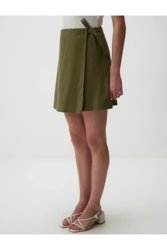 Khaki High Waisted Tie Waist Linen Skirt - 5
