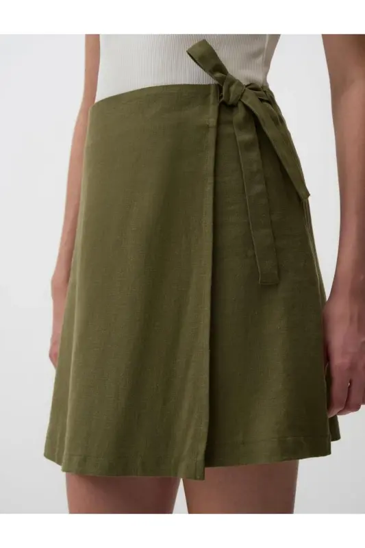 Khaki High Waisted Tie Waist Linen Skirt - 6