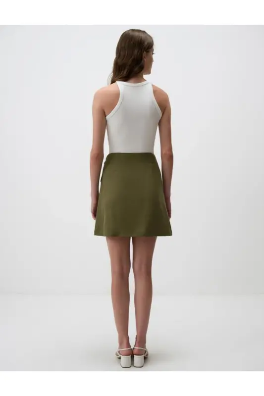 Khaki High Waisted Tie Waist Linen Skirt - 7