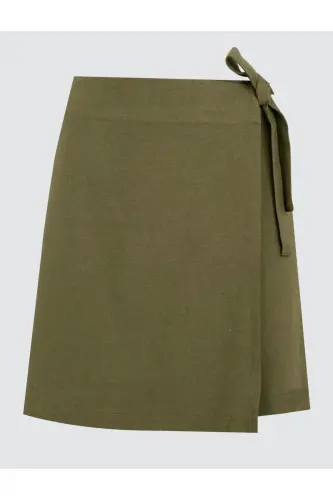 Khaki High Waisted Tie Waist Linen Skirt - 8