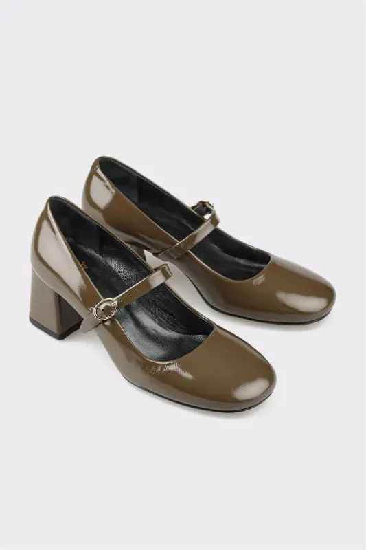 Khaki Leather Women's High Heels - 2