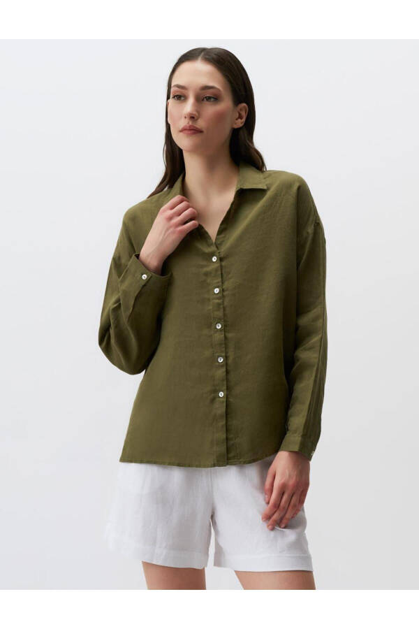 Khaki Long Sleeve Basic Linen Shirt - 15