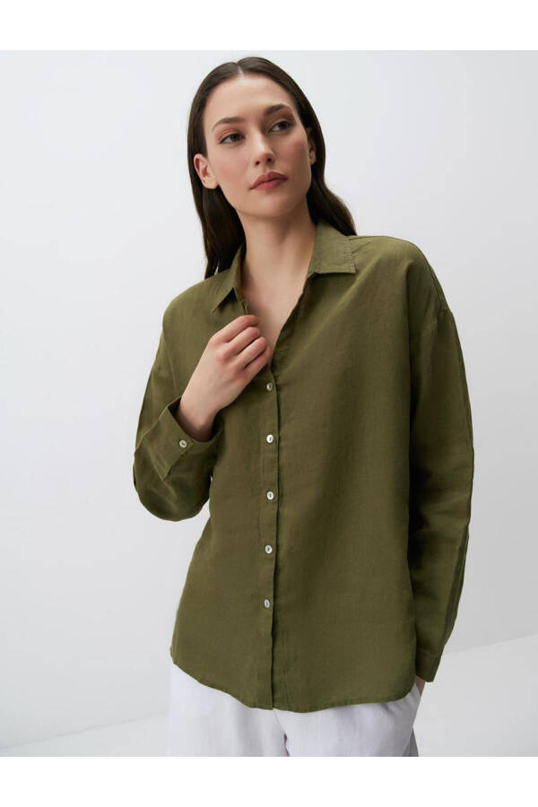 Khaki Long Sleeve Basic Linen Shirt - 7