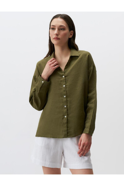 Khaki Long Sleeve Basic Linen Shirt - 9