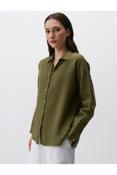 Khaki Long Sleeve Basic Linen Shirt - 10