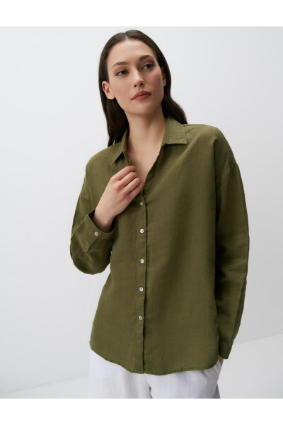 Khaki Long Sleeve Basic Linen Shirt - 1