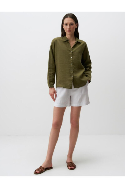 Khaki Long Sleeve Basic Linen Shirt - 2