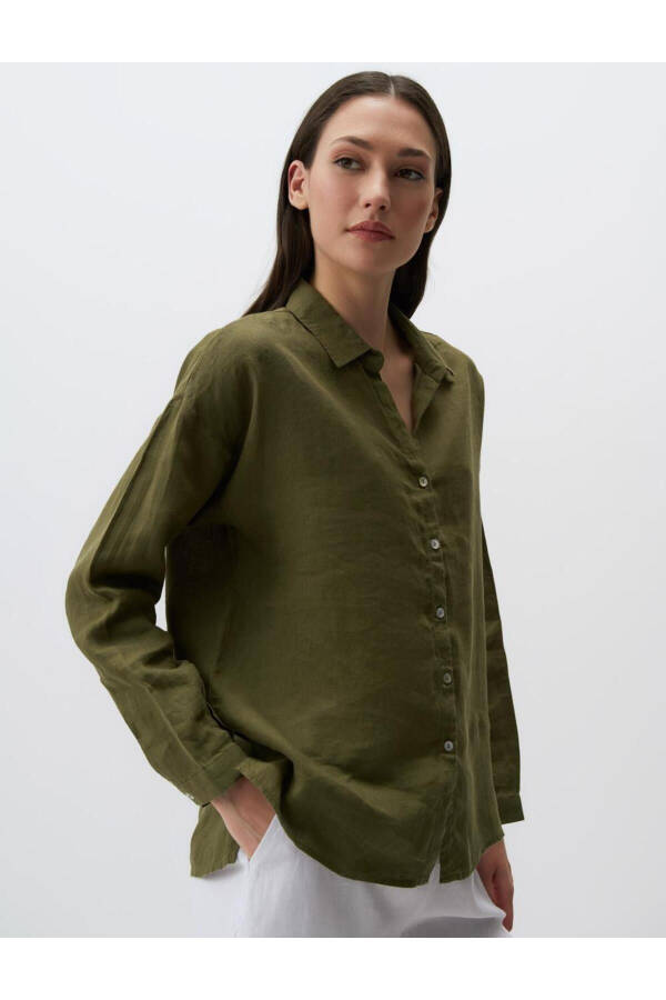 Khaki Long Sleeve Basic Linen Shirt - 5