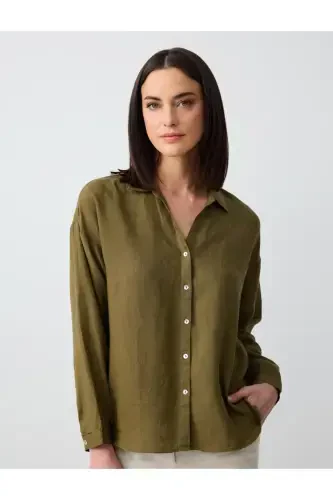 Khaki Long Sleeve Basic Linen Shirt - 1