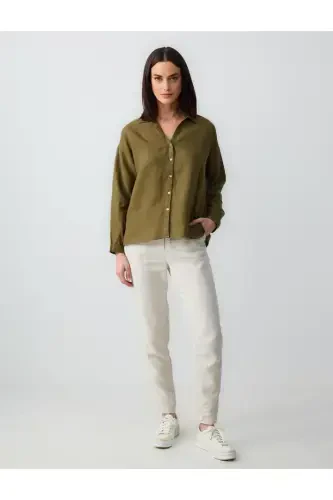 Khaki Long Sleeve Basic Linen Shirt - JIMMY KEY (1)