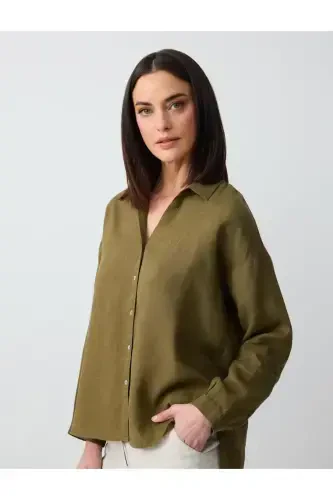 Khaki Long Sleeve Basic Linen Shirt - 3