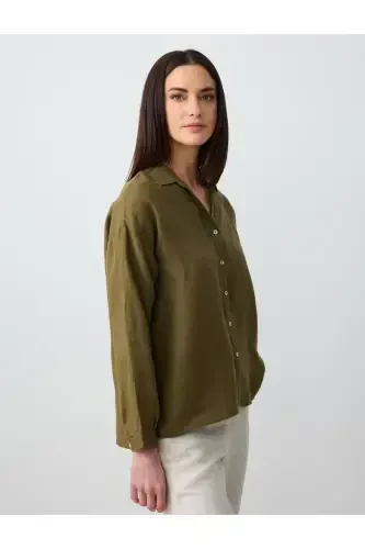 Khaki Long Sleeve Basic Linen Shirt - 4