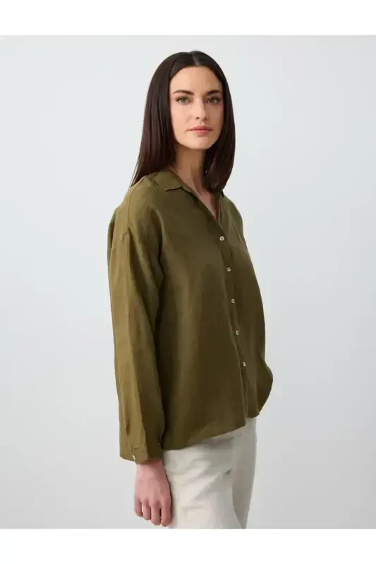 Khaki Long Sleeve Basic Linen Shirt - 4
