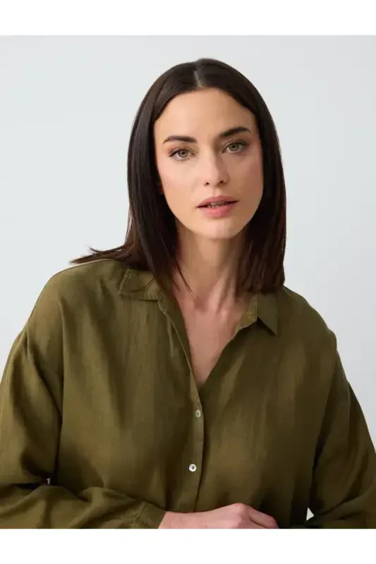 Khaki Long Sleeve Basic Linen Shirt - 5