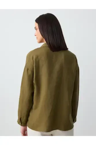 Khaki Long Sleeve Basic Linen Shirt - 6