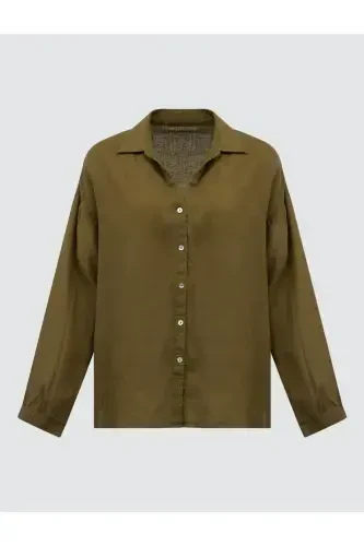 Khaki Long Sleeve Basic Linen Shirt - 7