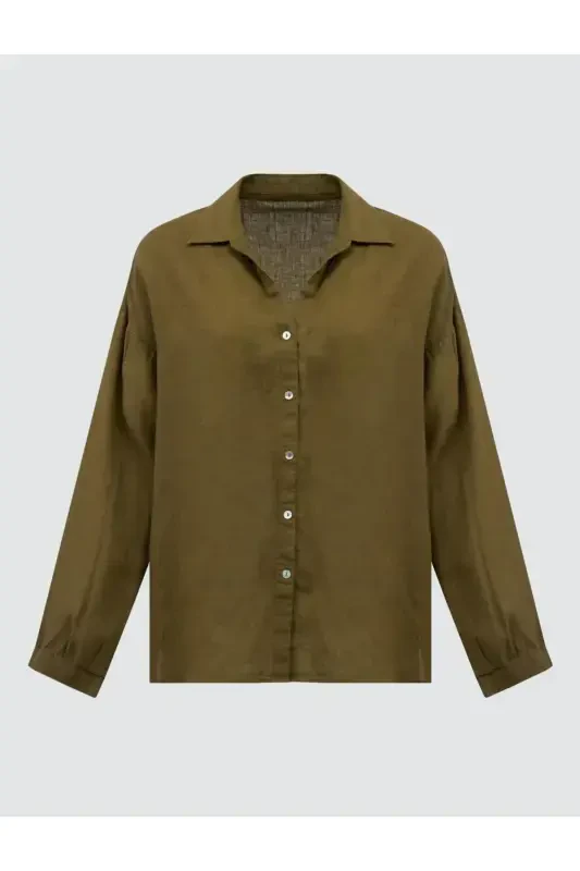 Khaki Long Sleeve Basic Linen Shirt - 7