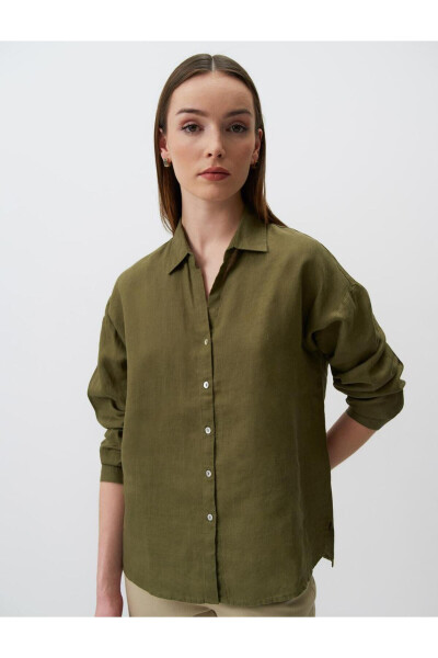 Khaki Long Sleeve Basic Linen Shirt - 25