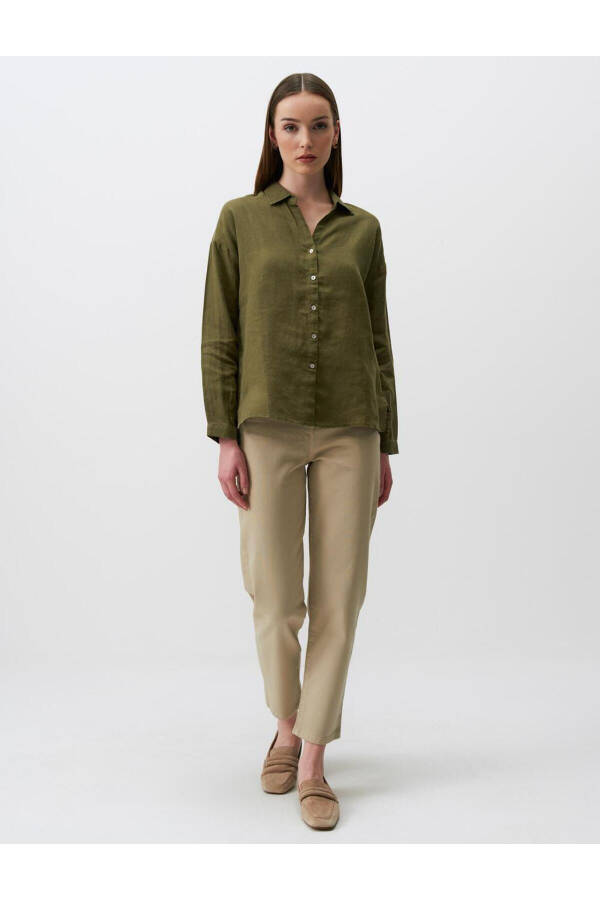 Khaki Long Sleeve Basic Linen Shirt - 26