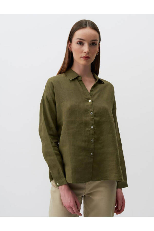 Khaki Long Sleeve Basic Linen Shirt - 27