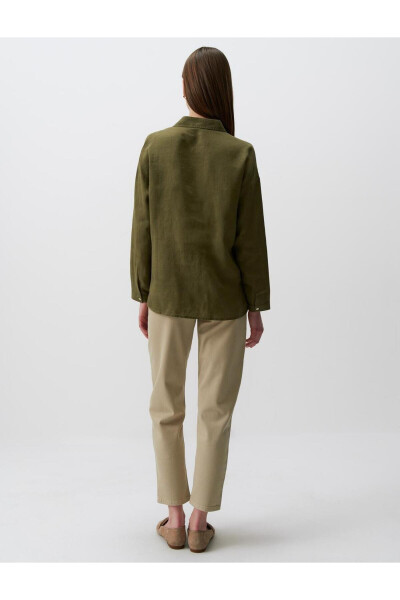 Khaki Long Sleeve Basic Linen Shirt - 30