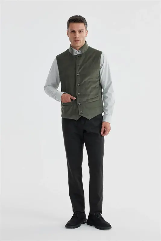 Khaki Mandarin Collar Reversible Slim Fit Vest - JAKAMEN