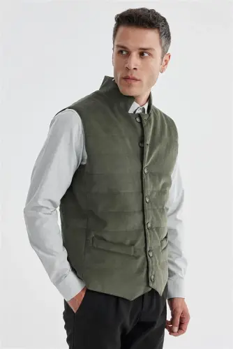 Khaki Mandarin Collar Reversible Slim Fit Vest - JAKAMEN (1)