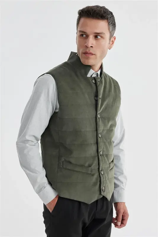 Khaki Mandarin Collar Reversible Slim Fit Vest - 2